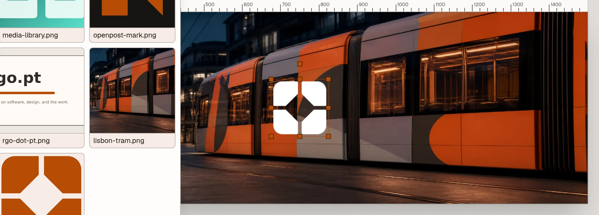 An editable OpenPost design with a tram photo