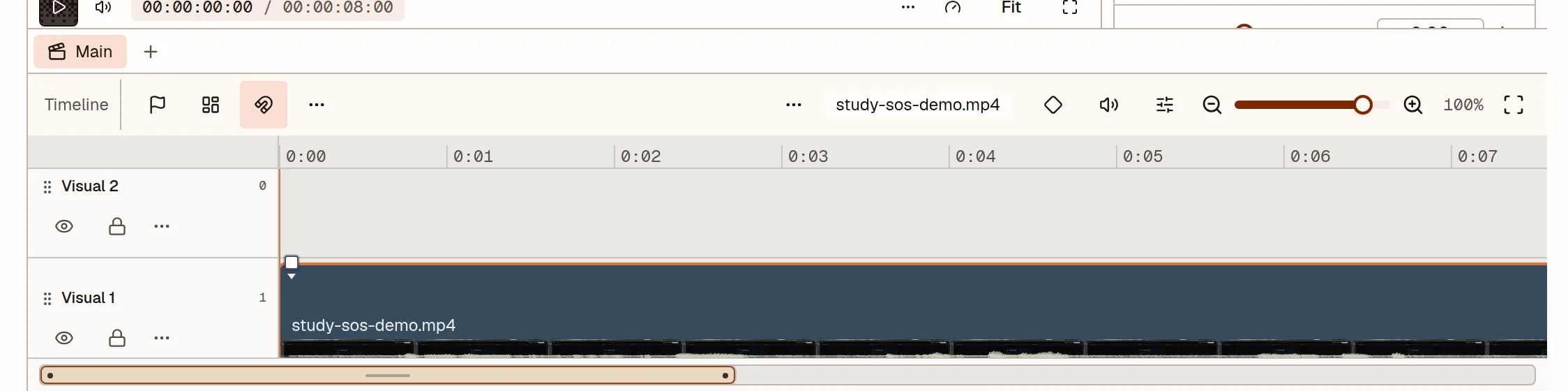 The video timeline with its tracks, clip, and playhead